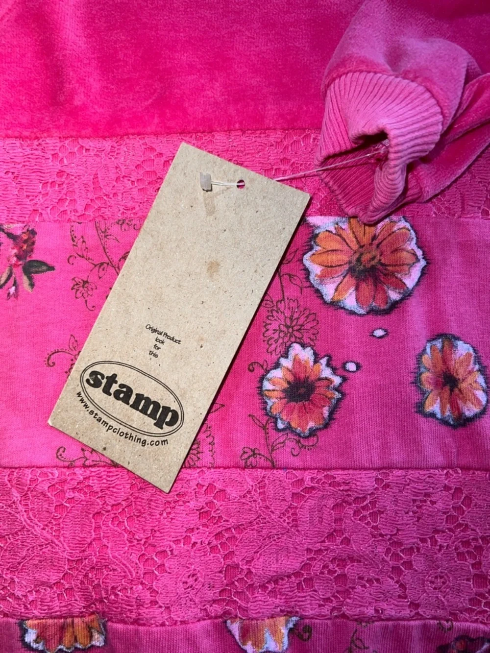 Vintage Kids stamp Hot Pink Crewneck 1 Piece with velour Top and Lace Trim​